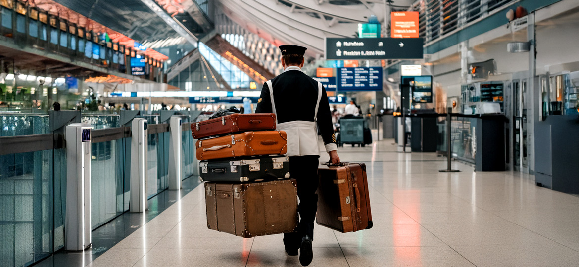 Facchino del 900 in un moderno aeroporto