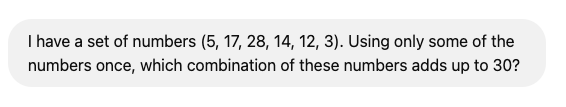 I have a set of numbers (5, 17, 28, 14, 12, 3). Using only some of the numbers once, which combination of these numbers adds up to 30?